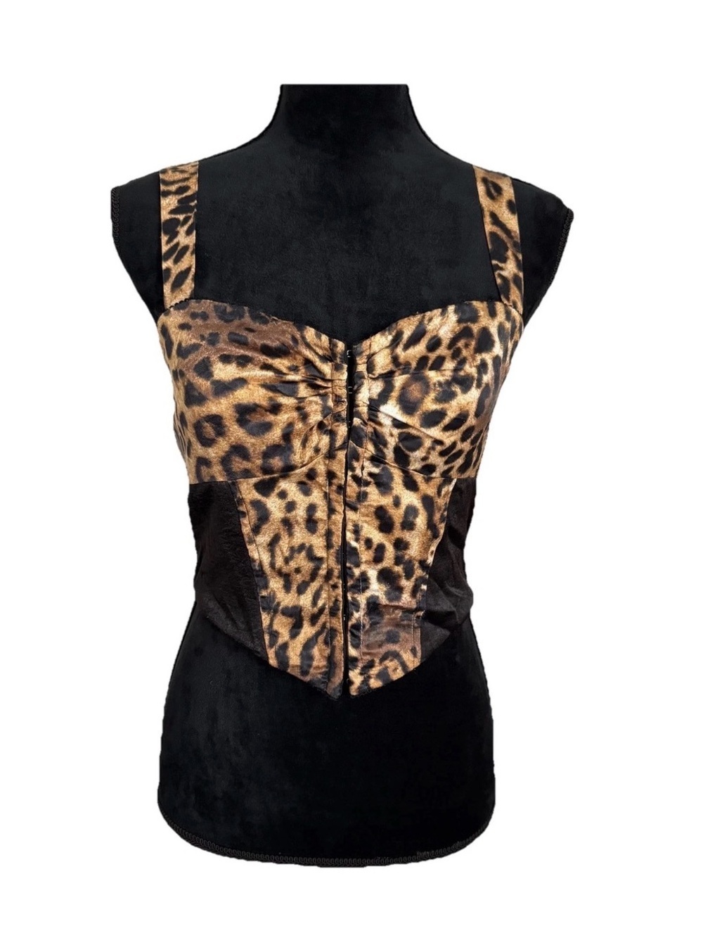 Forever 21 Bustier Top Womens M Brown Animal Leopard Satin Corset Hook Stretch